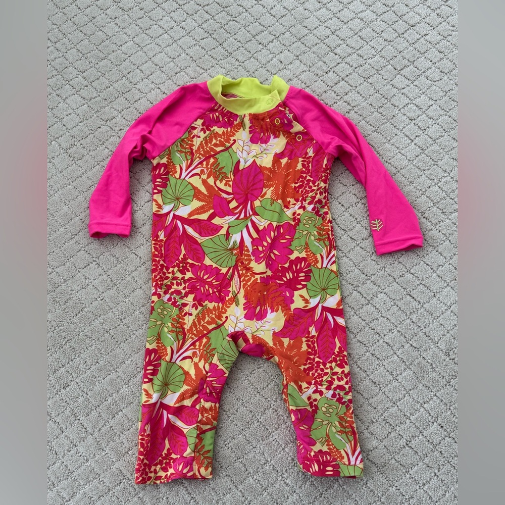 Coolibar Neon Pink and Yellow Baby Girl Swimsuit Rash Guard Full Coverage
